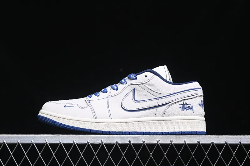 All Categories Air Jordan Jordan Series Basketball Shoes Air Jordan 1 Low High-end Customized Low-top Sneakers Air Jordan 1 Low AJ1 Joe 1 Stusi Joint-Whole Pig Eight Gray Blue Lines High-end Customized Low-top Retro Basketball Shoes DM9188-006